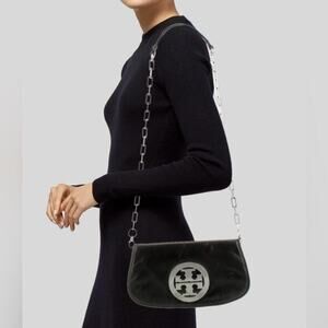 Tory Burch Women's Black Reva Flap Chain Leather Logo Crossbody Bag
